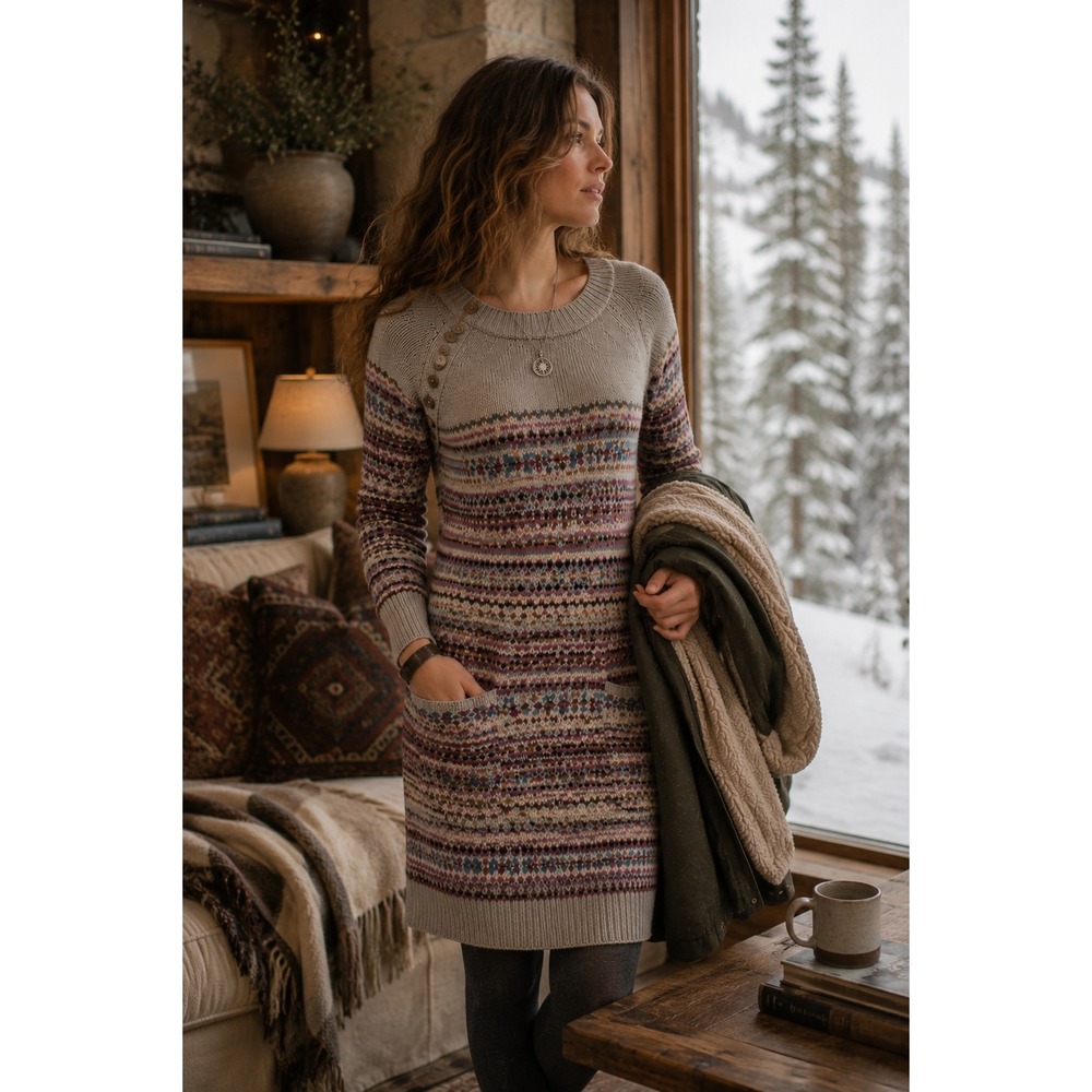 Sundance Elise Lighthouse Fair Isle Knit Sweater Dress Petite Medium Wool